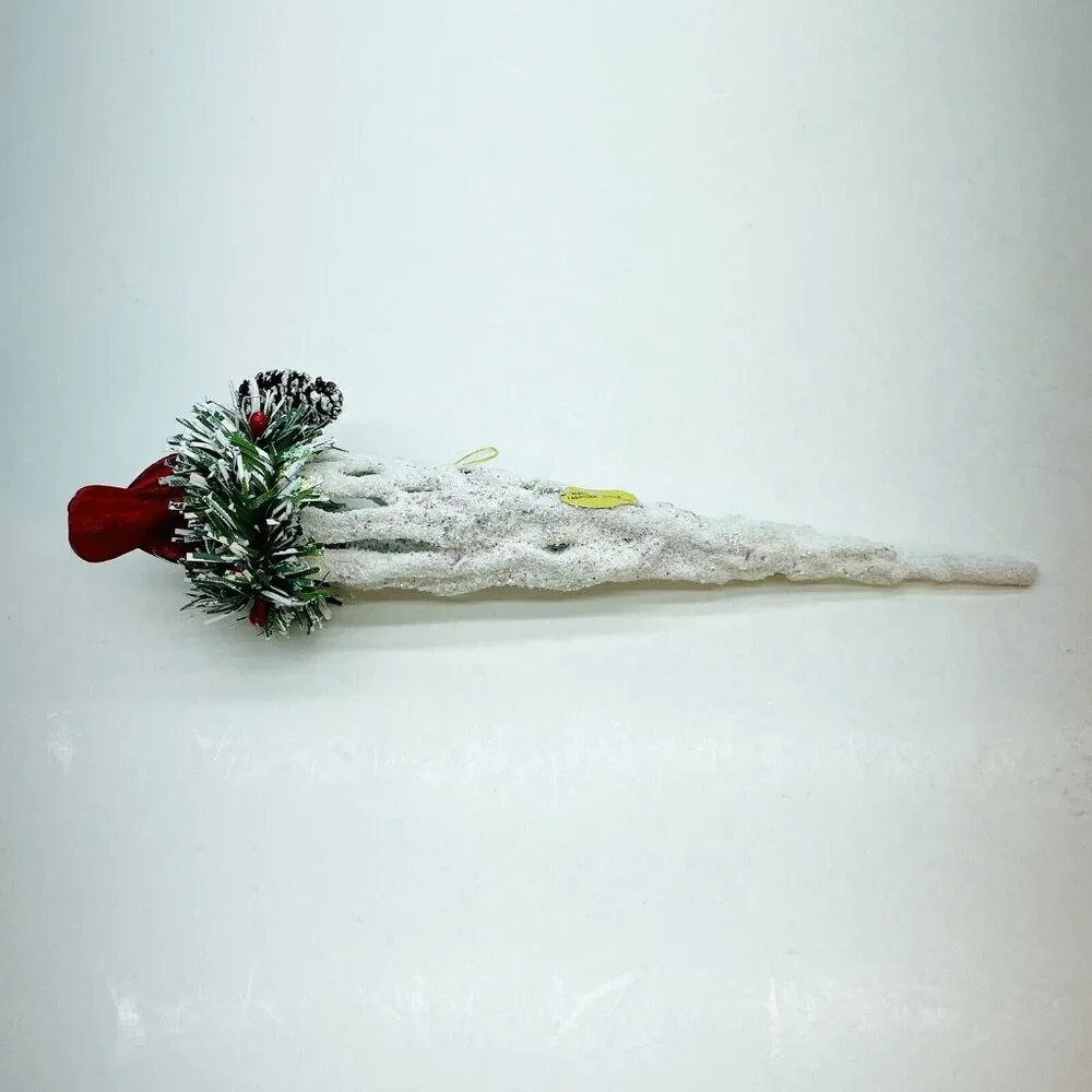 Vintage Christmas Ornament Cardinal In Pine Nest On White Glittered Icicle 6
